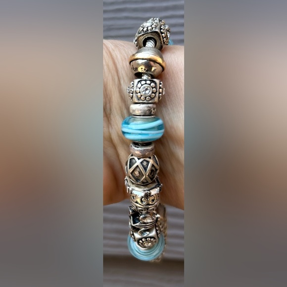Pandora Jewelry - Pandora Sterling Bracelet with Light Blue Murano Beads